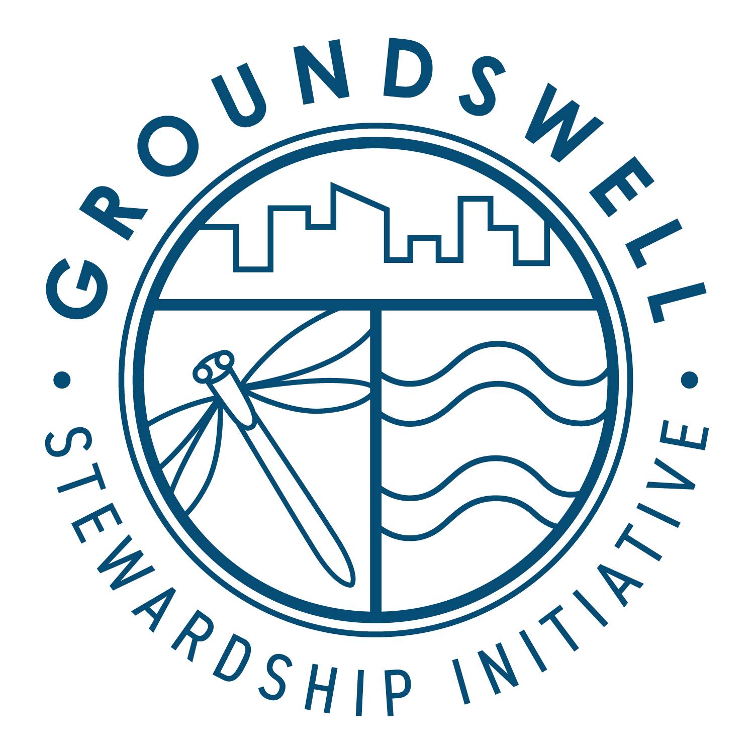 Groundswell Logo, a circle with the words Groundswell Stewardship Initiative around it. Inside the circle is an outline of a city, a dragonfly, and a wave.